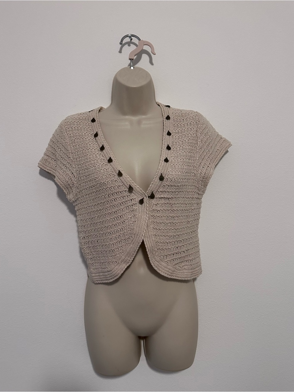 Crochet Short Sleeve Open Cardigan Sweater in Light Beige